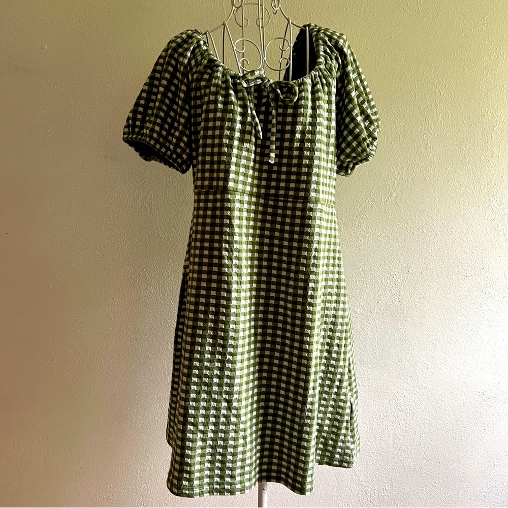 Madewell puff sleeved green & white gingham mini dress, Sz L. NWT.